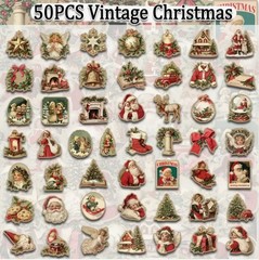 50 PACK OLD CHRISTMAS Retro Vintage Santa Angels Stocking Festive Stickers Lot