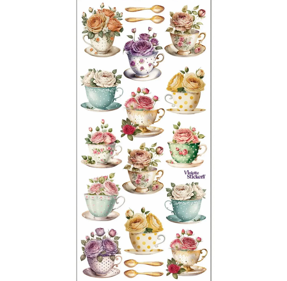 Violette Rosie Teatime Stickers Teacup Roses Junk Journal Collage Scrapbooking