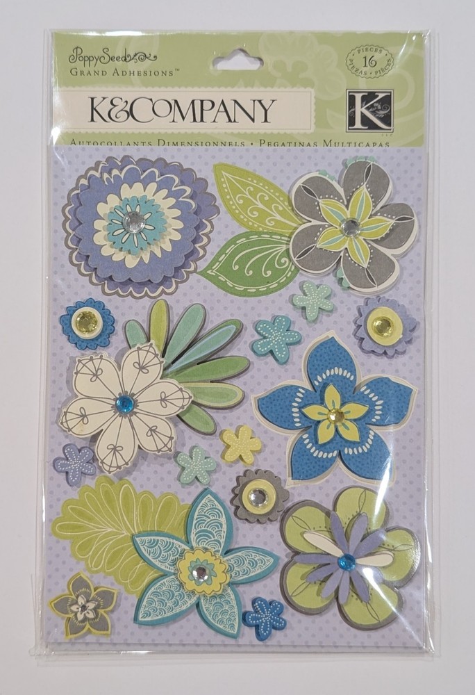 Poppy Seed Floral Flowers Grand Adhesions Scrapbook Stickers By K&Company RARE