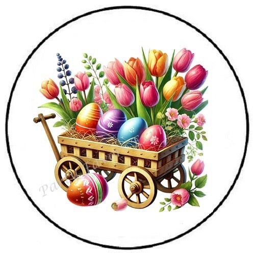 EASTER EGGS IN WAGON CART ENVELOPE SEALS LABELS STICKERS PARTY FAVORS