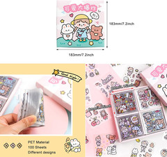 Kawaii Stickers Set (100 Sheets) – Cute PET Transparent Cartoon Animal Flower De