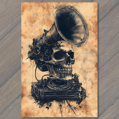 STICKER Skull Turntable Speaker Grunge DJ Horn Sepia Ink Splatter Horror Retro