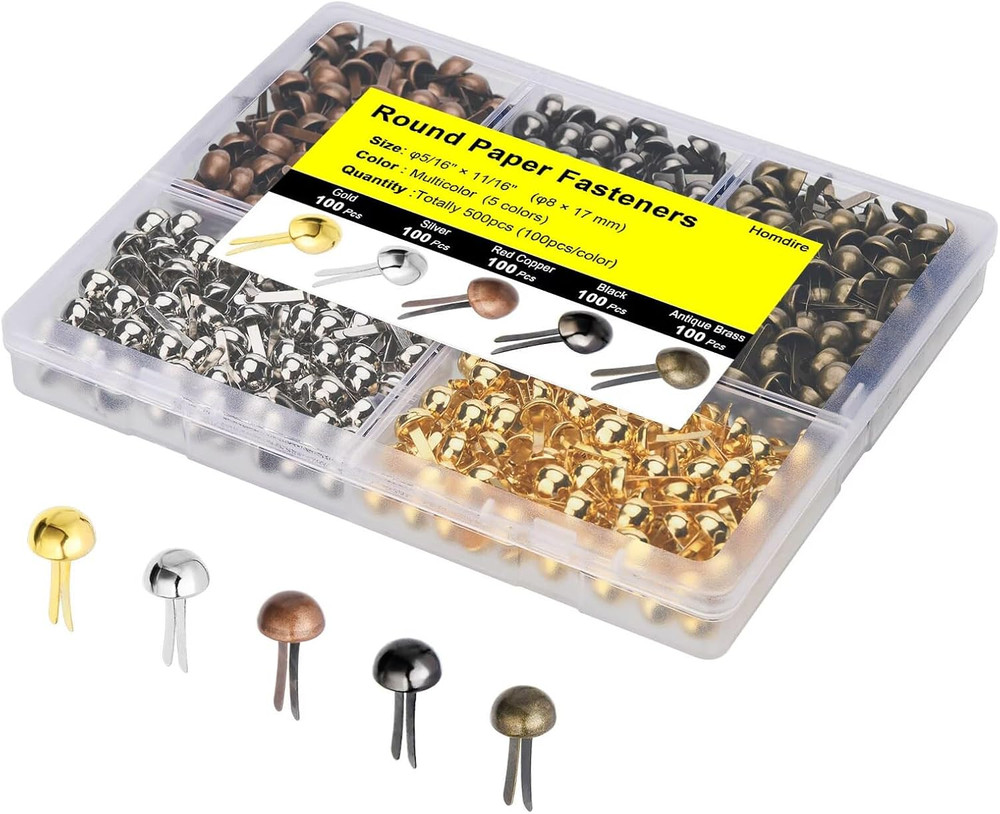 Brads for Paper Crafts, 500Pcs Multicolor Metal Paper Fasteners, 8X17Mm Fastener
