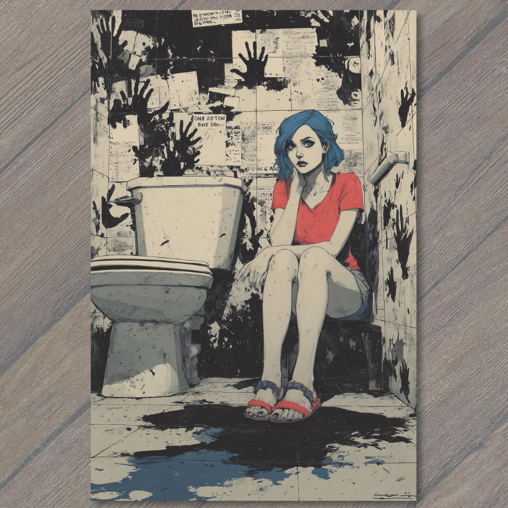 STICKER Girl Blue Hair Red Shirt Dirty Bathroom Toilet Grime Grunge Handprints