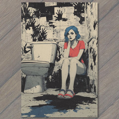 STICKER Girl Blue Hair Red Shirt Dirty Bathroom Toilet Grime Grunge Handprints