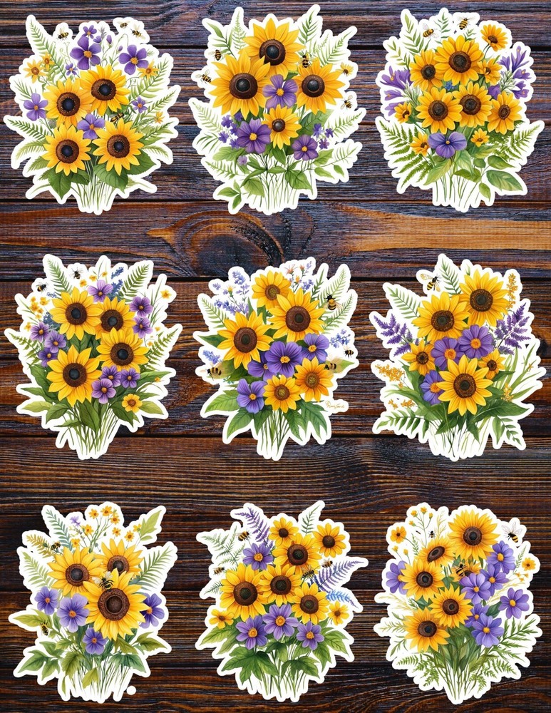 Sunflowers and Bees Die Cut Vinyl Stickers Set Scrapbooking Laptop Waterbottle