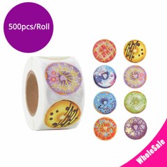 500pcs 1.5in 8 Designs Sweet Donut Stickers Round Shaped Chrome Paper For Bakery