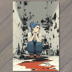STICKER Girl Blue Hair White Shirt Red Shoes Blood Floor Filthy Bathroom Walls