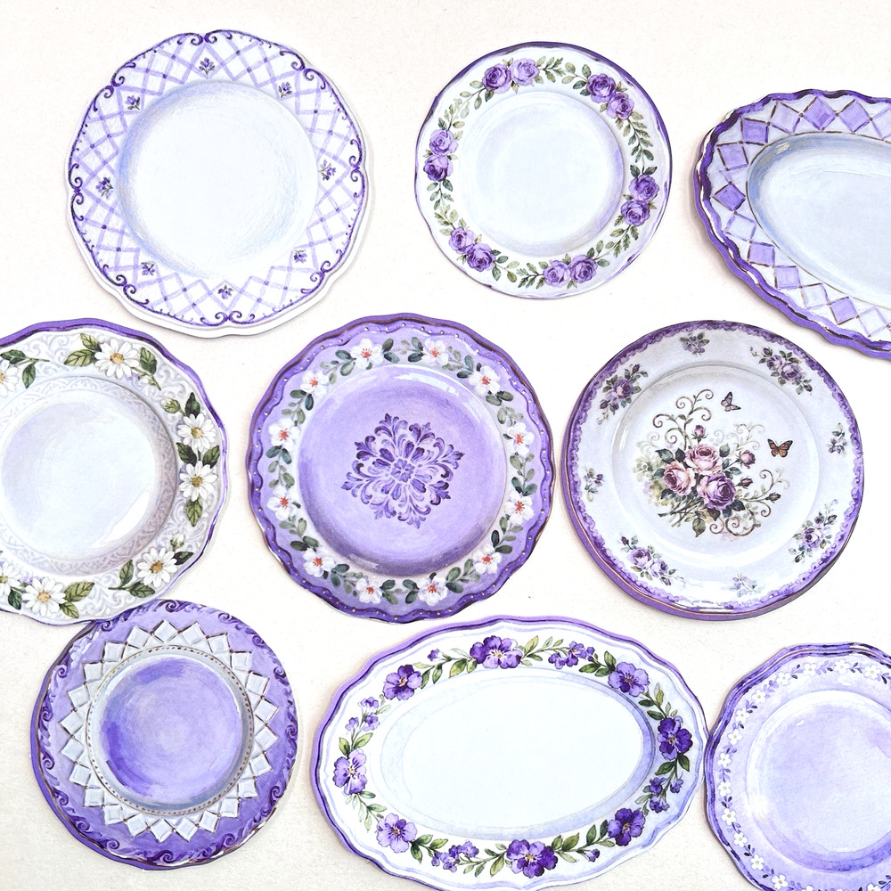 Purple Floral Plates Platters Die Cut Shapes Scrapbooking Collage Junk Journals