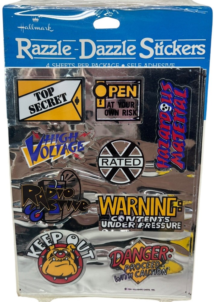 NEW Vintage 1984 RAZZLE DAZZLE Hallmark Sticker Sheets Silver Foil Warning Signs
