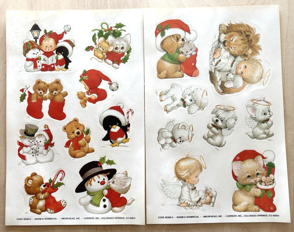 Vtg Current Stickers Christmas Ruth Morehead Angel Puppy Kitten 2 Sheets 17