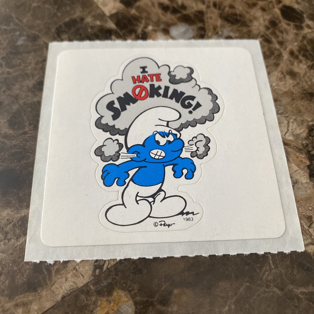 Smurfs Smurf 1983 Vintage 80s Sticker I Hate Smoking Brand New Never Pealed 🚭