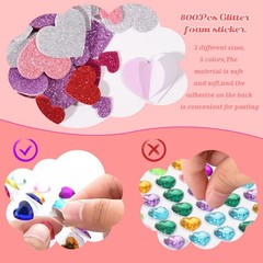 872 Pcs Valentines Heart Stickers, 3 Sizes 5 Colors Self-Adhesive Glitter Foa…