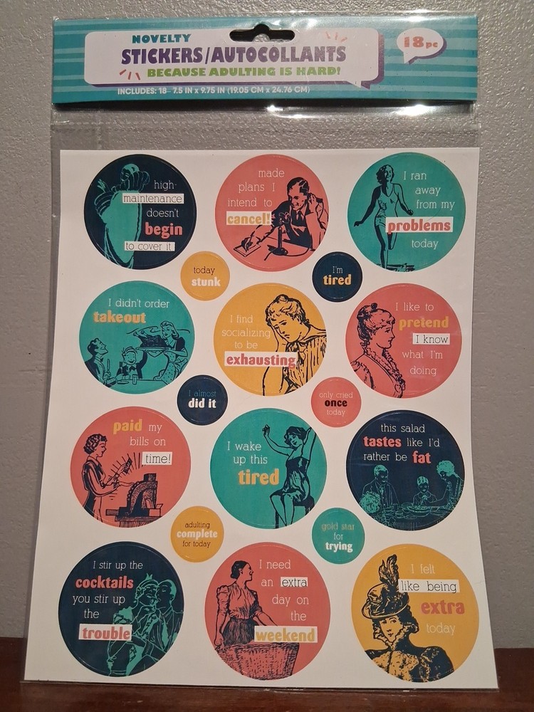 Novelty Adult Stickers/Autocollants Because Adulting is Hard 18 Pc. Total