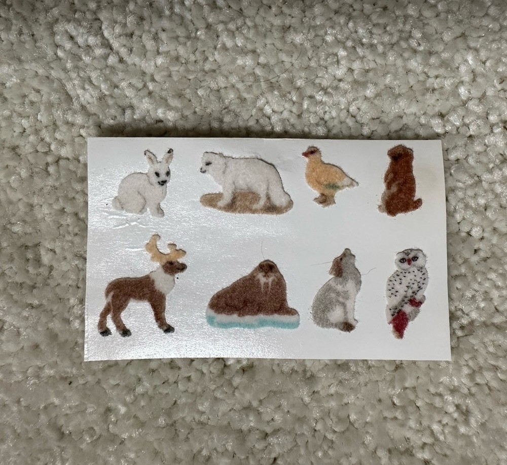 Vintage Fuzzy Flocked Mini Arctic Animal Stickers, Used, Sheet Is 1.5“ X 2.5“