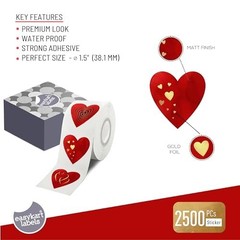 2500 Red Heart Shape Stickers with Gold Foil – 1.5″ for Valentine’s Day, Party D