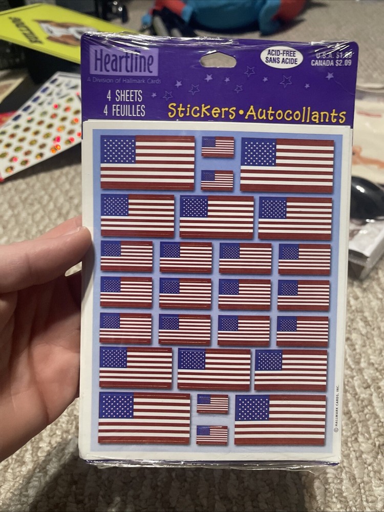 VTG NEW Hallmark Heartline US Flag Stickers 4 Sheets Red White Blue Star Stripes