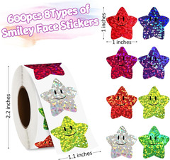 600Pcs Smile Face Star Stickers, 1 in 8 Colors of Teacher Supplies for Prizes, G