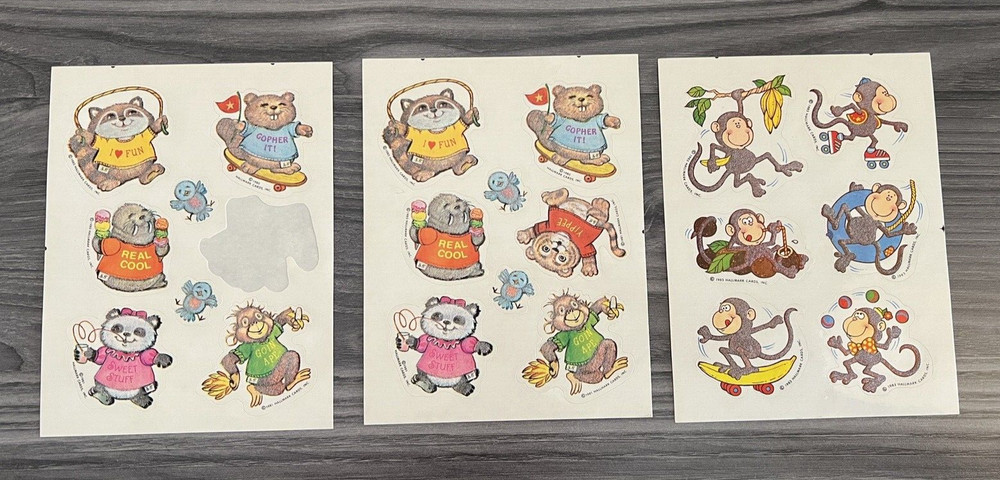 VTG Shirt Tales Animals & Monkeys Fuzzy Sticker 3 Sheets 1981 & 1983 Hallmark
