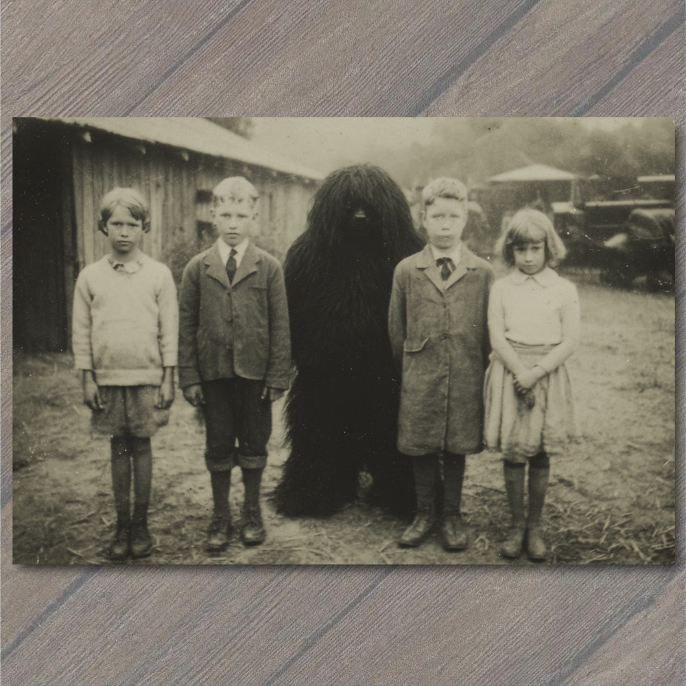 STICKER Children Bigfoot Hairy Beast Farmyard Oddity Creepy Creature Old Car