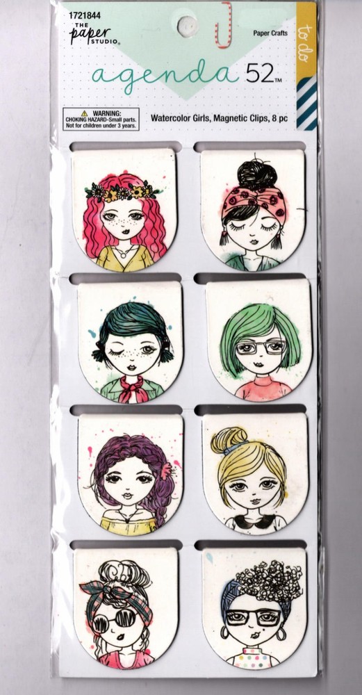 The Paper Studio WATERCOLOR GIRLS (8) MAGNETIC CLIPS TWO-SIDED crafts bookmark