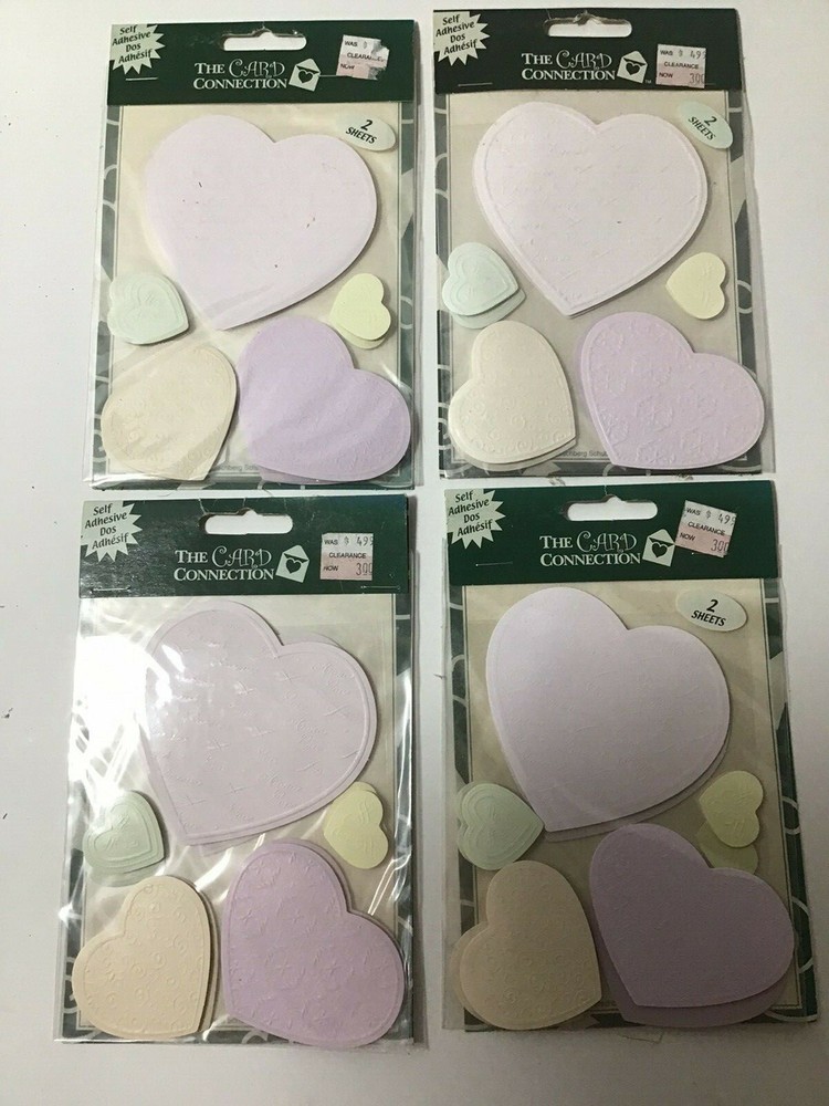 Lot of 4 Vintage Card Connection Self adhesive Embossed Pastel Heart packages