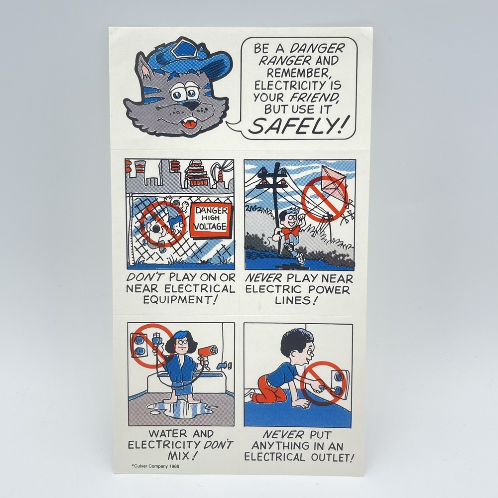 Vintage 1988 80s Culver Company Safety Advertising Electricity Sticker Sheet
