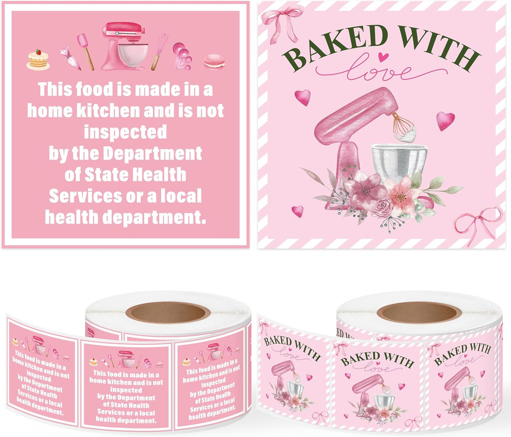 1000 Count Cottage Food Law Labels – Pink “Baked with Love” Stickers Roll