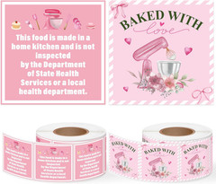 1000 Count Cottage Food Law Labels – Pink “Baked with Love” Stickers Roll