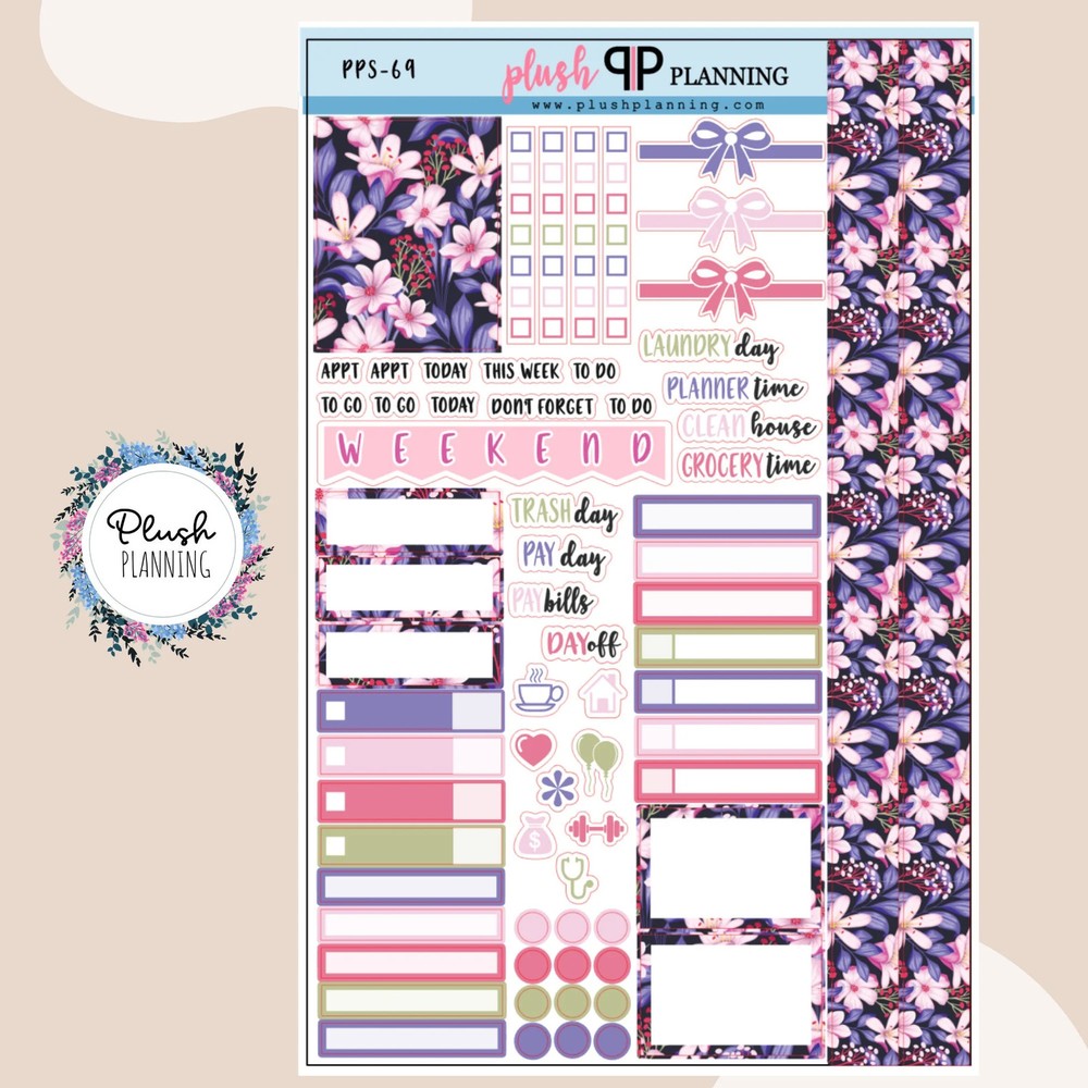 Purple Lavender Floral Planner Stickers, Tropical Floral Pattern