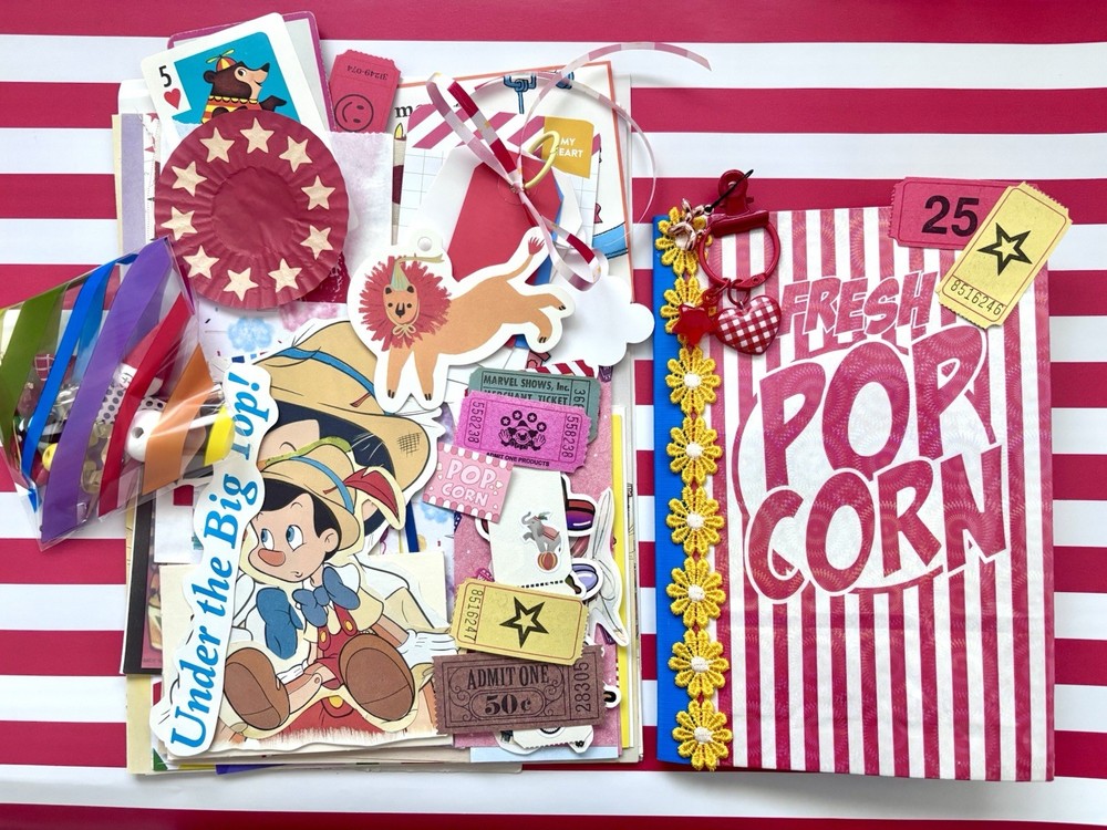 Pinocchio Circus junk journal & ephemera lot With Trinkets
