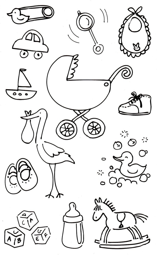 Mrs. Grossman’s Giant Stickers – Pen & Ink Baby – Stork, Toys, Rattle – 2 Strips