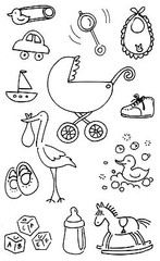 Mrs. Grossman’s Giant Stickers – Pen & Ink Baby – Stork, Toys, Rattle – 2 Strips