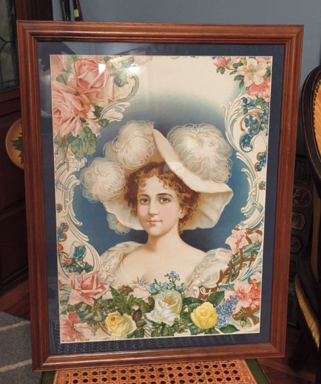 Antique Wood Frame Victorian Die Cut Picture Young Lady Pink Dress Roses 17 x 22