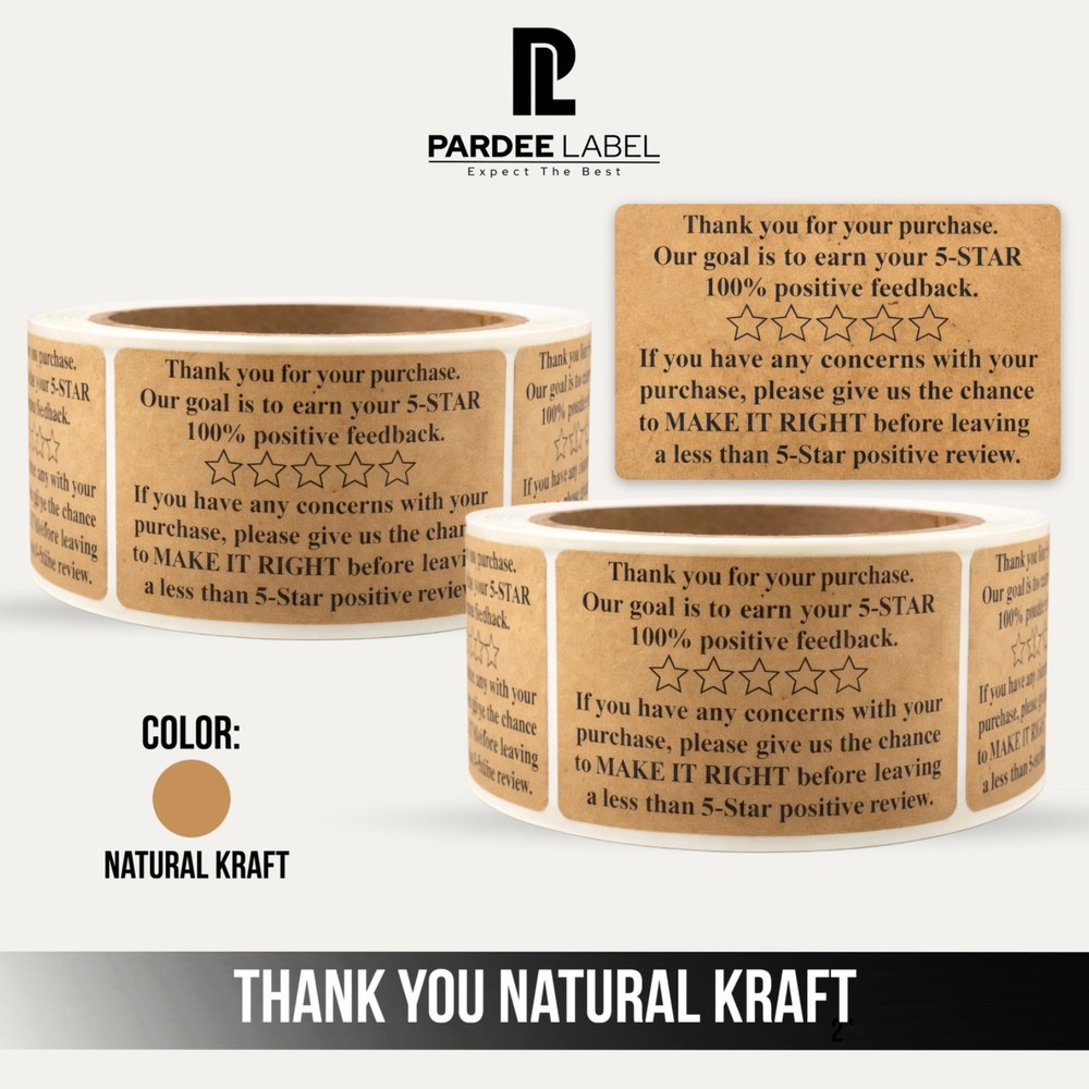 Thank You Natural Kraft Labels 2″ x 3″ Stickers Packaging 250/Roll