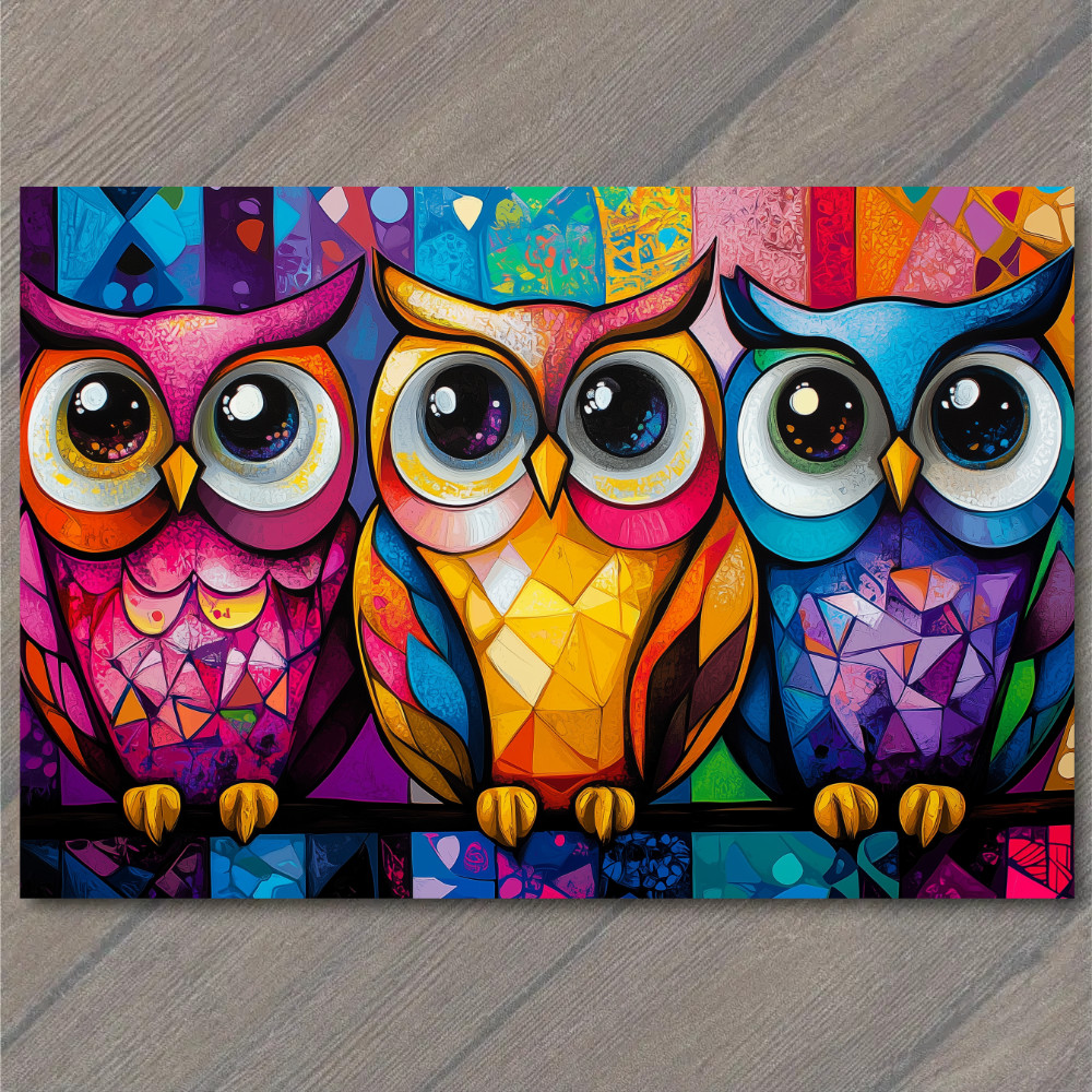 STICKER Bright Owls Rainbow Colors Big Eyes Pink Yellow Blue Purple Perched Cu
