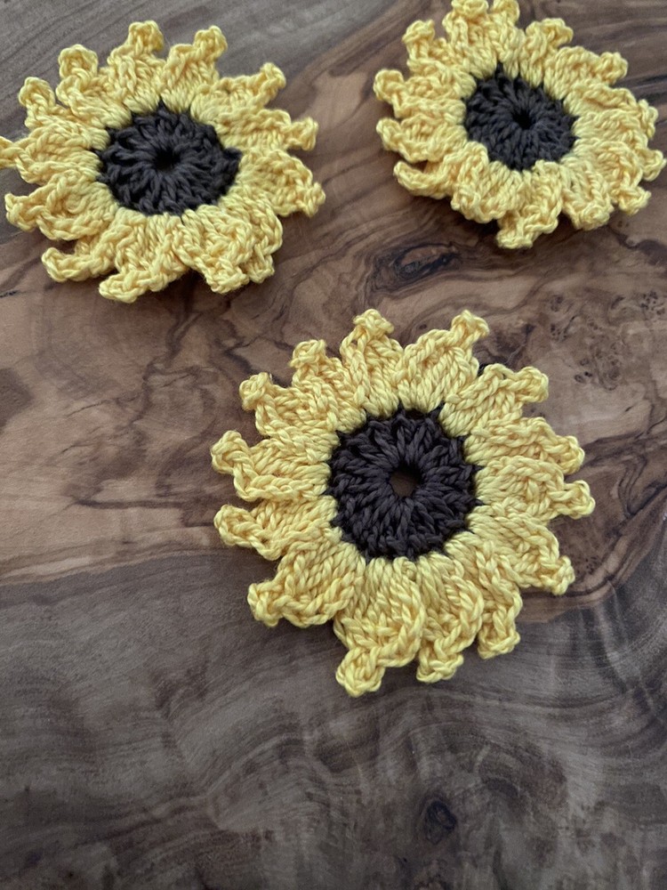 Crochet Flower Sunflower Applique Embellishment Brown Yellow 3 Pcs