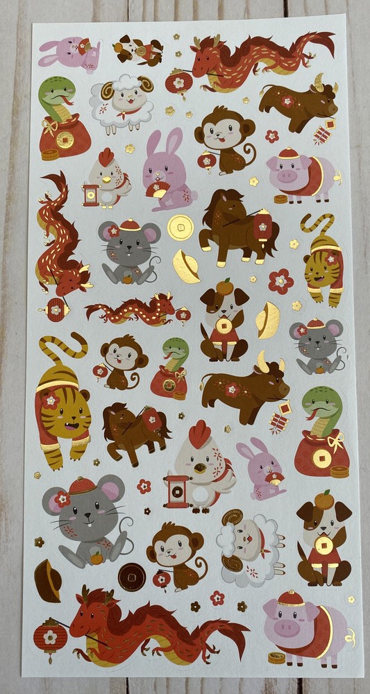 Stickers Chinese New Year Lunar Calendar Animals Matte Finish Paper Foil Accents