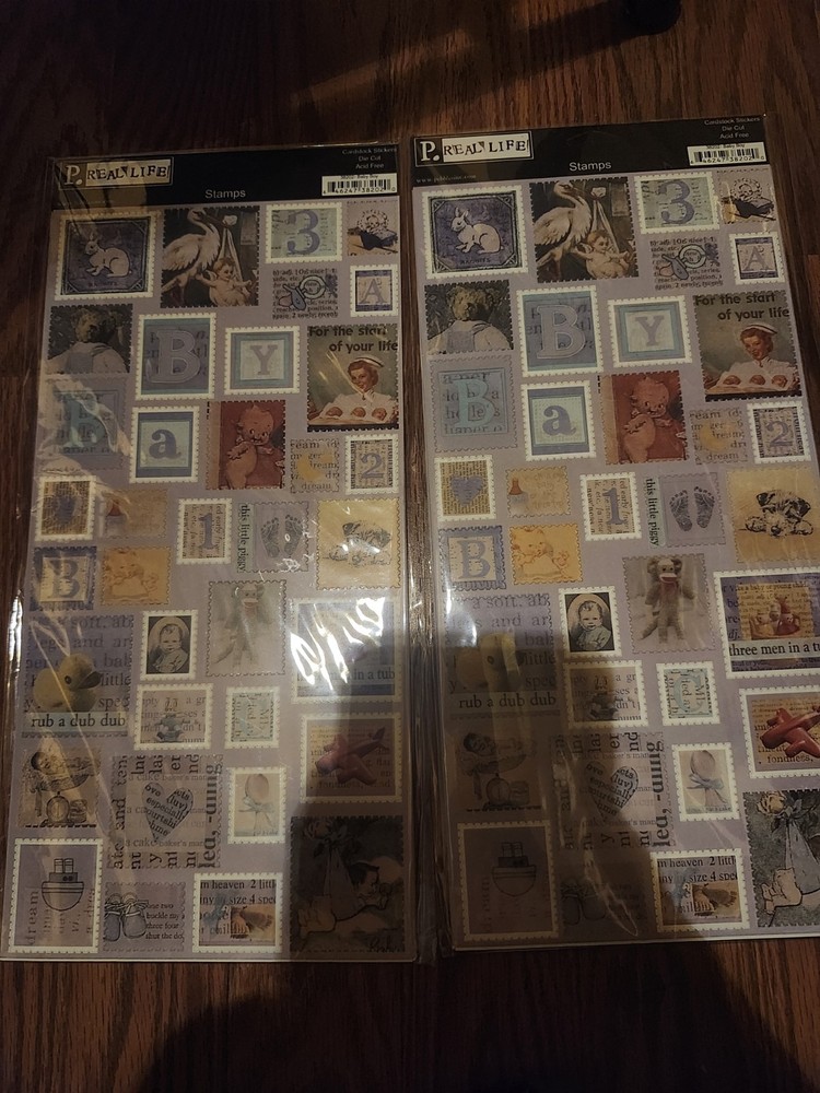 Lot Of 2 Cardstock Sticker Stamps Baby Boy Theme Vintage Look