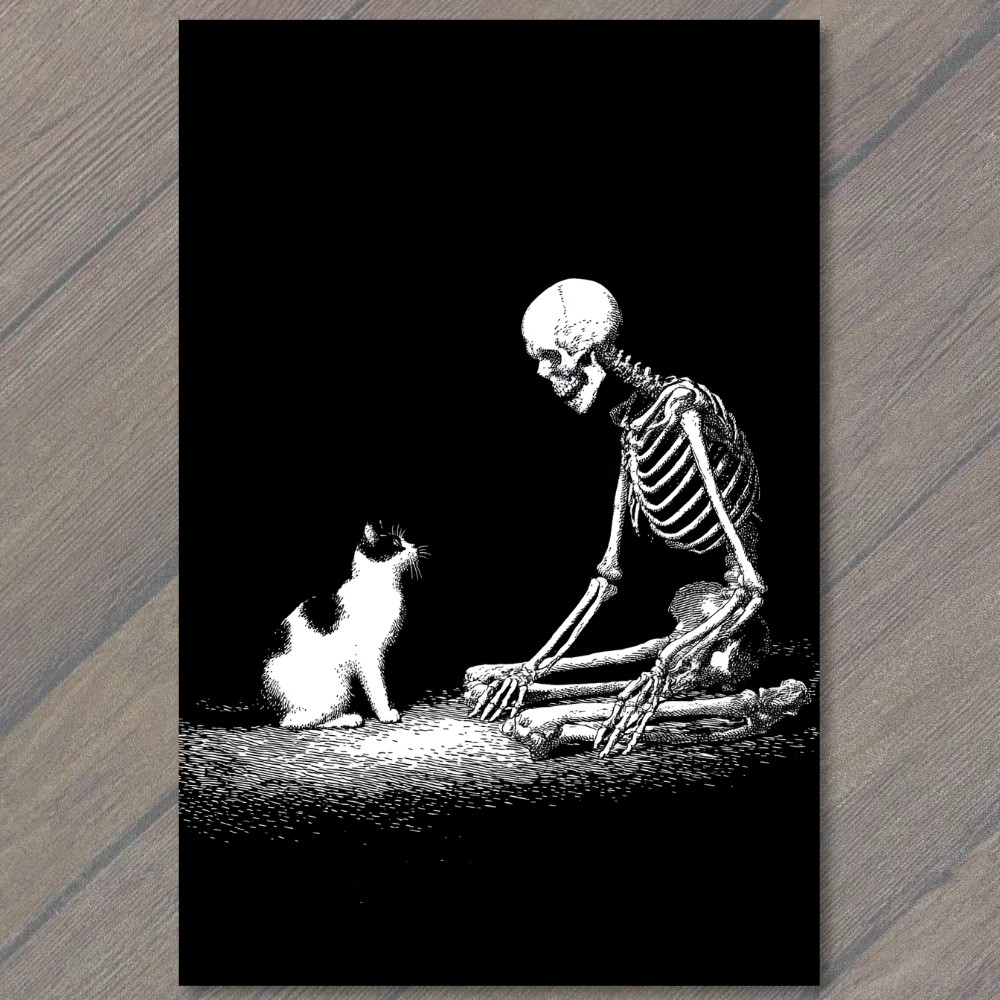 STICKER Skeleton Staring Cat Gothic Macabre Surreal Dark Art Black White Minim