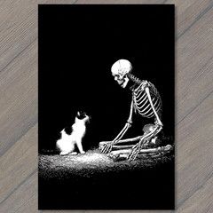 STICKER Skeleton Staring Cat Gothic Macabre Surreal Dark Art Black White Minim