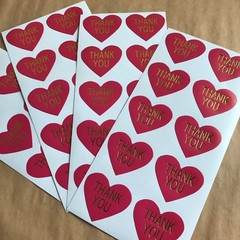 50 Heart Shaped Thank You Stickers On Glossy Hot Pink Paper With Gold Lettering