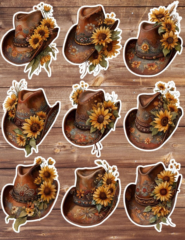 Cowboy Hats and Sunflowers Vinyl Stickers Set Scrapbooking Laptop WaterBottle