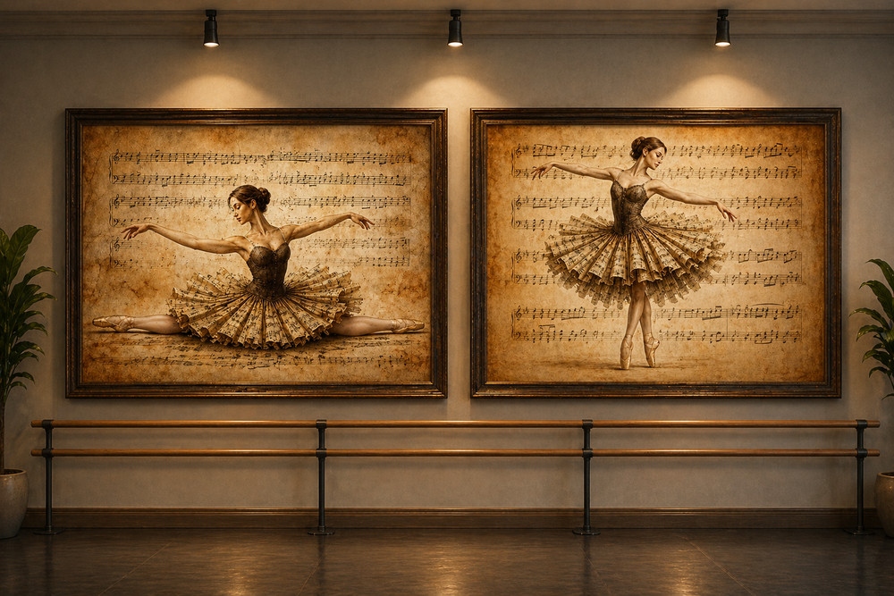 USA Veteran Made Vintage Ballerina Vinyl Print Set of 4 Sheet Music Ballet Wall