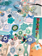 Teal Blue LG lot scrapbook planner journal junk collage ephemera Prima Flowers
