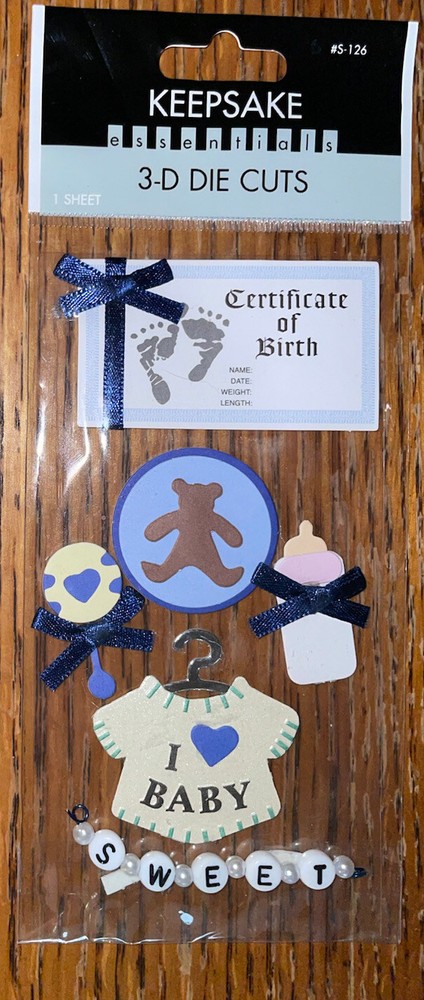 Keepsake Essentials 3D Diecuts I ❤️ Baby Birth Certificate Bear Rattle Stickers