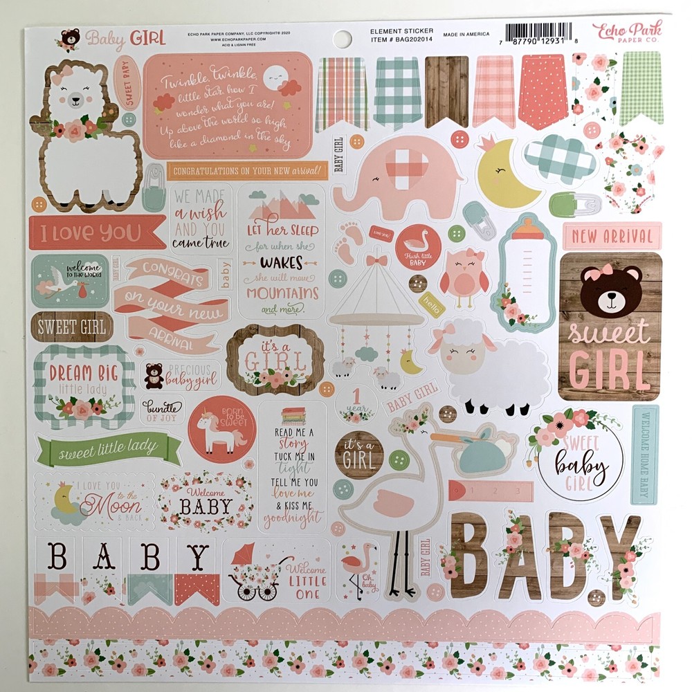 (1) 12×12 Sheet of Echo Park Paper BABY GIRL Scrapbook Element Stickers