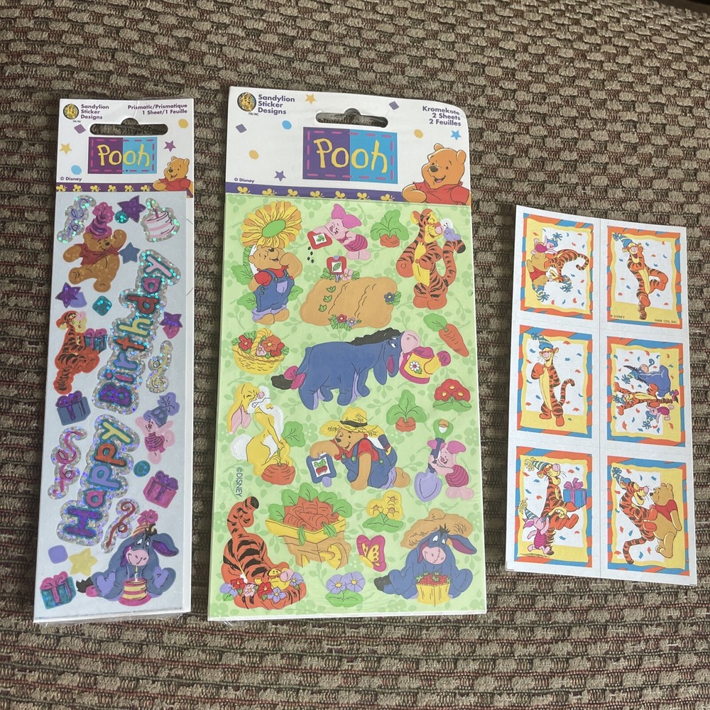 VINTAGE Pooh Sandylion Stickers Sealed Birthday Tigger Eeyore Piglet Garden 4 Sh