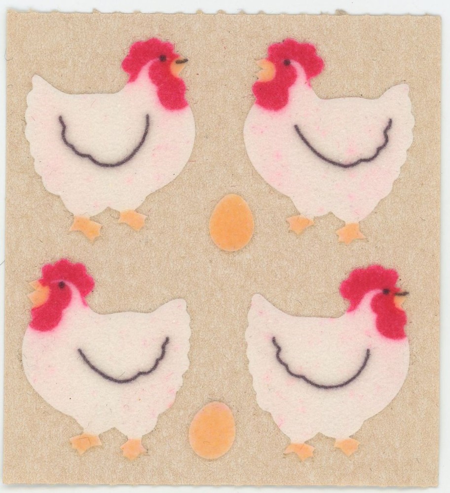 Sandylion Fuzzy White Hen Egg Mods Brown Backing 1988 Vintage Stickers
