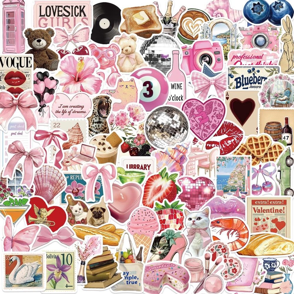 100PCS Pink Coquette Stickers Pack, Cute Aesthetic Bow Girly Stickers for Gir…